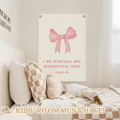 Bible Verses Wall Decor,Pink Coquette Bow Linen Canvas Banner,Christian Wall Art I Am Fearfully And Wonderfully Made Wall Hanging Flag for Kids Girl Bedroom Living Room Dorm 18x25 Inch