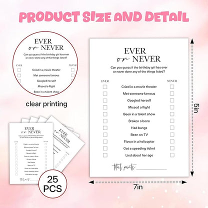 Birthday Party Games, Ever or Never, 25 Pcs Card Set for Guests, Fun Birthday Game for Teen Adults – A03