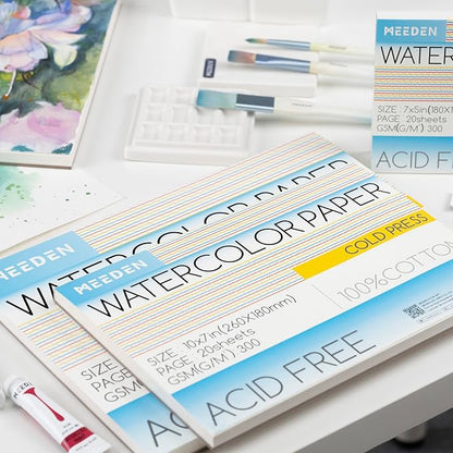 MEEDEN Watercolor Paper Block, 100% Cotton Watercolor Paper Pad of 20 Sheets, 140lb/300gms, Acid-Free Art Paper for Watercolor, Gouache, Ink and More, 9" x 12" Cold Press