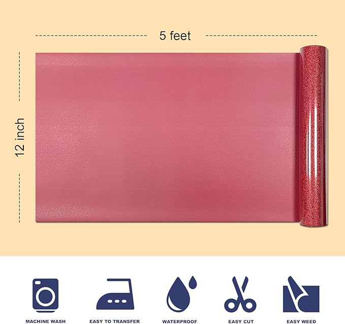 Red Glitter HTV Heat Transfer Vinyl, 12" x 5ft lron on Vinyl, for T-Shirt Ironing, Vinyl HTV Easy to Cut and Weed, The Best Choice for DIY Creativity. (red, 12" x5ft)