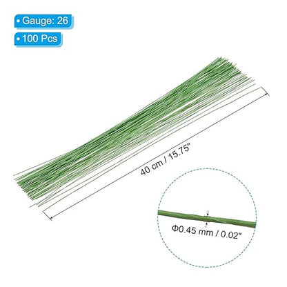 PATIKIL 26 Gauge 16" Floral Stem Wire, 100 Pcs Paper Wrapped Iron Artificial Flower Stem Accessories for DIY Bouquet Stem and Craft Decoration, Light Green
