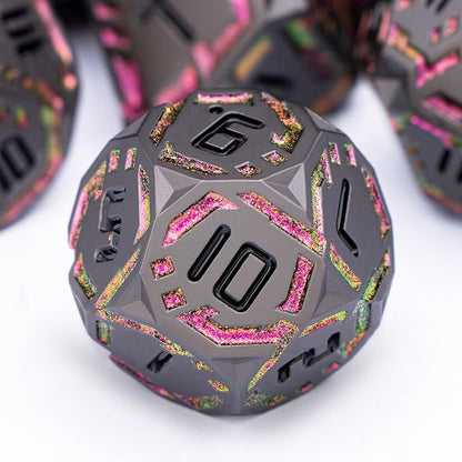 Metal DND Sci-fi Dice Set 7PCS Stripe Polyhedral Dice for Dungeons Dragons RPG Role Playing Game, Glitter D and D Dice with Gift Box D6 D8 D10 D12 D20 (Black&Purple Red)