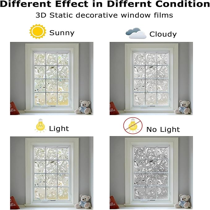 LEMON CLOUD Window Film, Decorative Window Privacy Film, 3D Stained Glass Window Sticker,Anti-UV Sun Blocker Heat Control for Home(Rainbow Tulip Design,17.5 x 157.4 inches)
