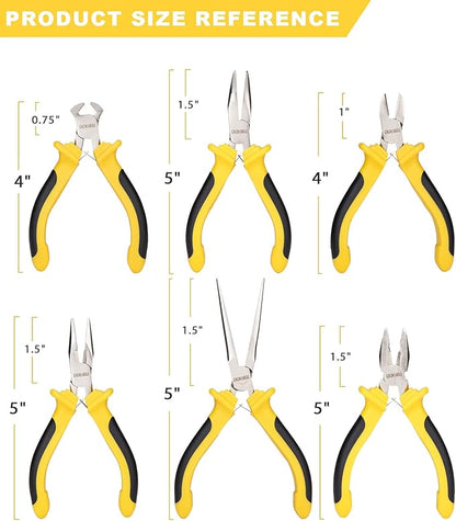 DOWELL 6-piece Mini Pliers Set Needle Nose Diagonal Long Nose Bent Nose End Cutting and Linesman for Making Crafts Repairing Electronic Devices with Pouch