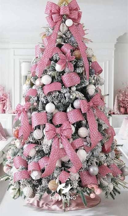 HUIHUANG Pink Wired Christmas Ribbon 4 inch Light Pink Glitter Wired Ribbon Diamond Mesh Wire Ribbon for X-mas Tree Decorations, Wreaths, Garland, Large Bows Making, Home Decor -10 Yards