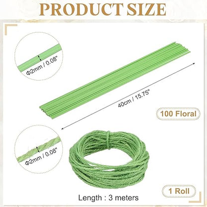 uxcell 100Pcs 2 Gauge Floral Wire, 15.75" Length Flower Stem Wires with 0.08" x 32.8ft Twine for Wreath Making, Flower Arrangement, Light Green