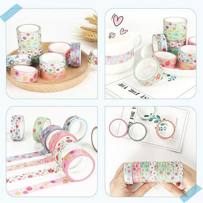 12 Rolls Sunflower Washi Tape Set, Floral Botanical Writable Masking Tapes, Cute Spring Colored Adhesive Tapes for DIY Art Crafts, Gift Wrapping, Scrapbook, School Supplies, Painters, Planners 16.4Ft