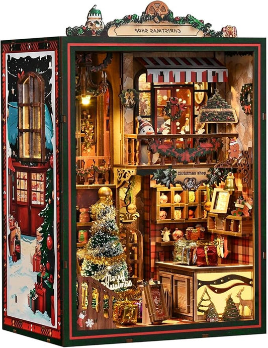 Book Nook Kit - DIY Miniature Dolls House Kit with Furniture and LED Light, 3D Puzzle Wooden Art Bookends, Model Kits for for Adults and Teens (Christmas Shop)