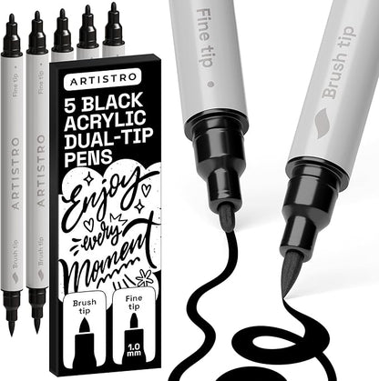 ARTISTRO 5 Black Dual Tip Brush + Fine Acrylic Paint Markers - Easy for All Ages & Levels Paint Pens for Fabric, Rock, Glass, DIY - Halloween Pumpkin Painting Kit, Art Supplies, Christmas Gift
