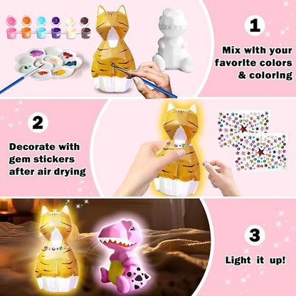 FUNZBO 2Pcs Paint Your Own Dinosaur & Cat Lamp - Halloweens Arts and Crafts Supplies Painting Kits for Kids Teen, DIY Night Light Toy for Toddler Girl Boy Age 3 4 5 6 7 8 9 10 11 12 13 + Birthday Gift