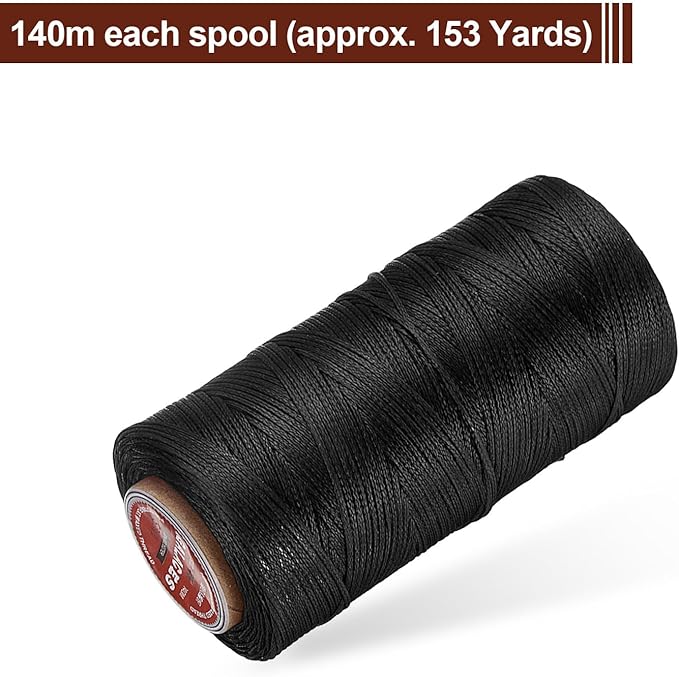 uxcell Flat Leather Sewing Waxed Thread, 140m / 153 Yards Polyester Wax String, 300D Wax Stitching Cord for Leather Crafts, Bookbinding, Bracelets Braided, Black