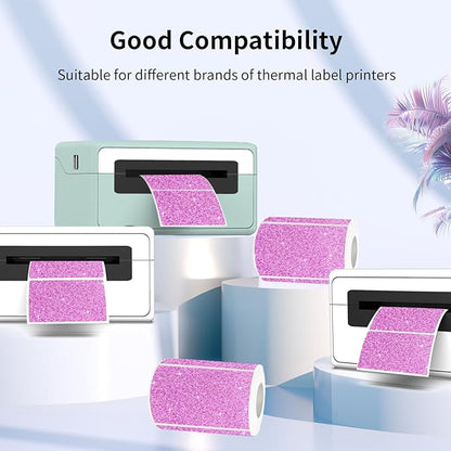 3x2 Inch Holographic Thermal Labels Stickers, Glitter Waterproof Direct Thermal Sticker Labels for Barcode, Mailing, DIY Design- 200 Pcs/Glitter Pink