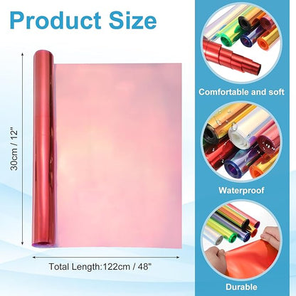 MECCANIXITY Holographic Clear PVC Vinyl Film Holographic PVC Fabric Waterproof Dichroic Film 12 x 48 Inch for Handbags Bows Earrings DIY Craft,Laser Red