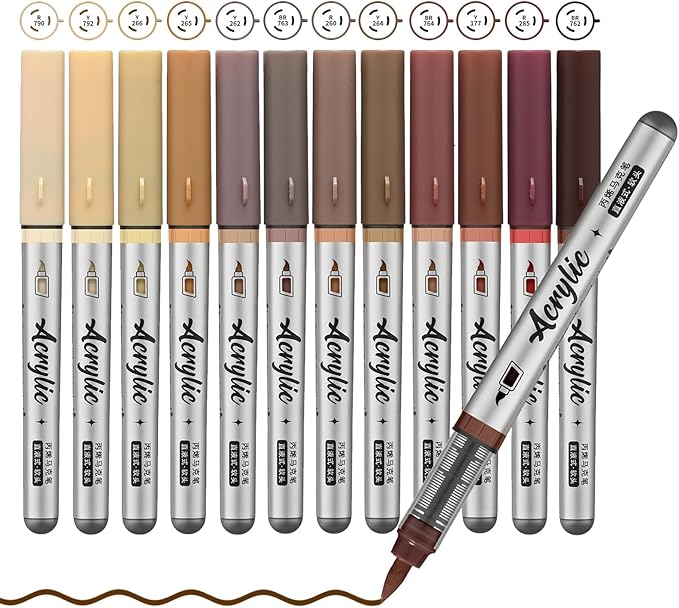 Brown Acrylic Paint Pens,12 Color Paint Pens Markers,Brush Tip Paint Pens for Rock Painting Wood Glass Ceramic Canvas Stone DIY Crafts Making Art Supplies
