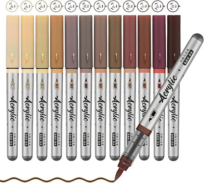 Brown Acrylic Paint Pens,12 Color Paint Pens Markers,Brush Tip Paint Pens for Rock Painting Wood Glass Ceramic Canvas Stone DIY Crafts Making Art Supplies