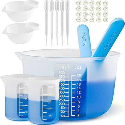 Large Silicone Resin Measuring Cups Tool Kit - Nicpro Reusable 600ml & 100ml Measure Cup, Silicone Stir Sticks Pipettes Finger Cots for Epoxy Resin Mixing, Molds, Jewelry Making, Waxing, Easy Clean