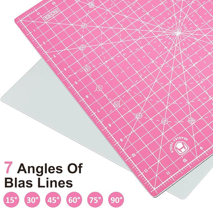 Headley Tools 12"x12" Rotating Cutting Mat, Self Healing Mat with 360-Degree Rotation & Anti-Slip Base, Sewing Board Cutting Mat Perfect for Fabric Quilting Leather Hobby Project，Pink
