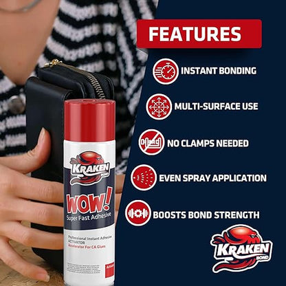 KRAKEN BOND Wow! Spray Adhesive Activator(2X13.5 Oz.) - Cyanoacrylate Super Glue Accelerator Spray for Plastic, Metal, Wood & PVC, CA Glue Activator | 2 Pack