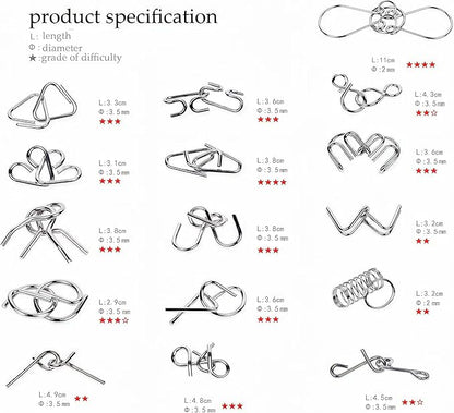 Metal Wire Puzzle Set of 24 with Pouch,Brain Teaser IQ Test Disentanglemen Iron Link Unlock Interlock Game Chinese Ring Magic Trick Toy for Party Favor Kids Adults Challenge