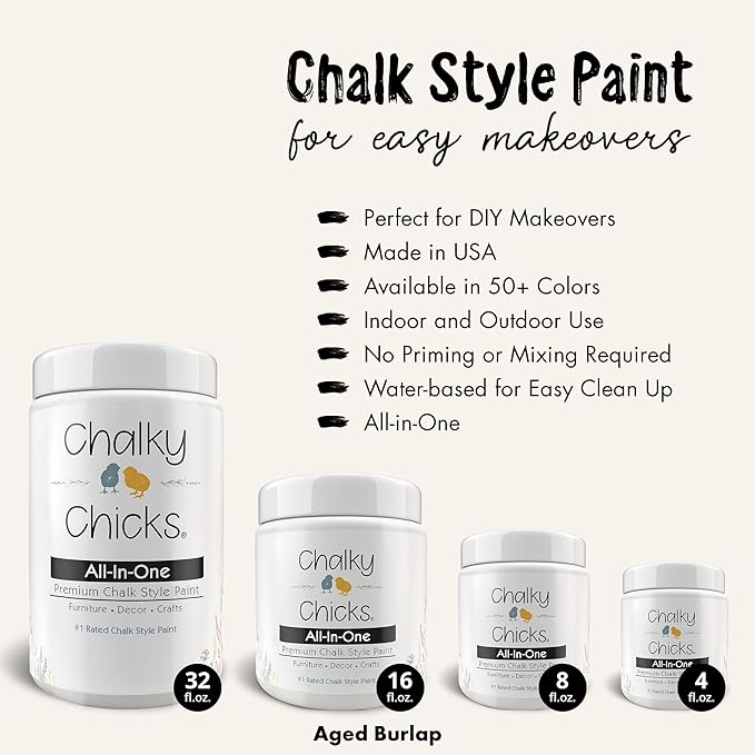 Chalky Chicks All-in-One Chalk Paint for Furniture or Cabinet - 4 Fl Oz - Matte Finish Aged Burlap White for Metal, Wood Furniture Paint - No Sanding All-in-One for Home Decor & Crafts, USA Made