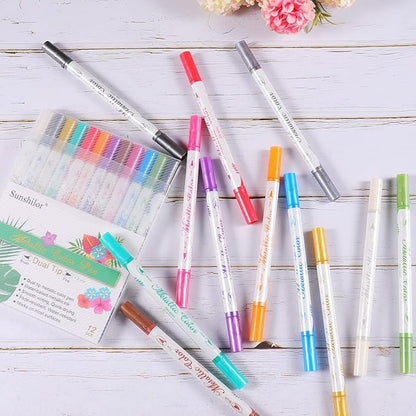 Sunshilor Metallic Markers Dual Tip Metallic Marker Pens Brush and Fine Point Pens for Black Paper, Rock Painting, Easter Egg, Halloween Pumpkin, Card Making, Metal, Ceramic, Wine Glass