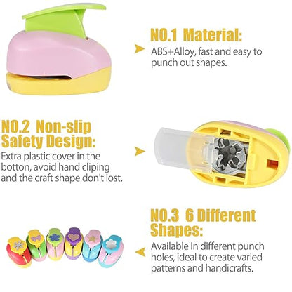 6 Pcs Colorful Craft Hole Punch with 10 Glitter Cardstock Papers, Decorative Scrapbook Paper Puncher Set, Different Shape Paper Hole Puncher Set for Office Supplies (6 Pcs- Different Shapes)