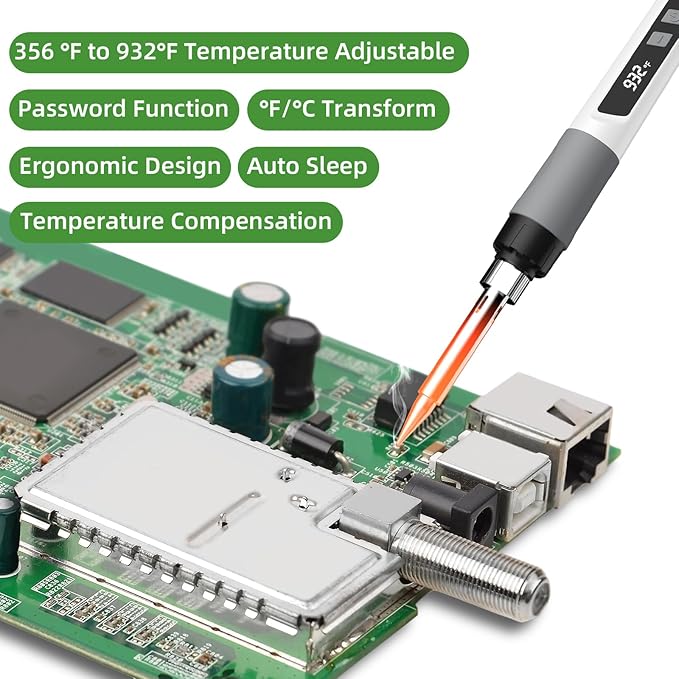 Soldering Iron Kit, 190W Soldering Gun, 110V LED Solder Kit for Electronics, Adjustable Temperature 356-932℉, Includes Solder Wire, Sucker, Tips, Stand, Tweezers, Paste and Solid Wood Box, White