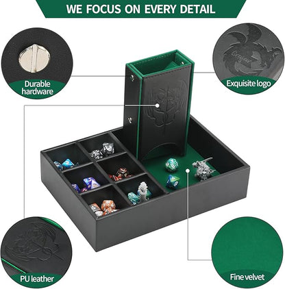 3 in 1 Dice Tray with Lid, Portable Dice Box Storage, D&D RPG MTG Table Games (Green)