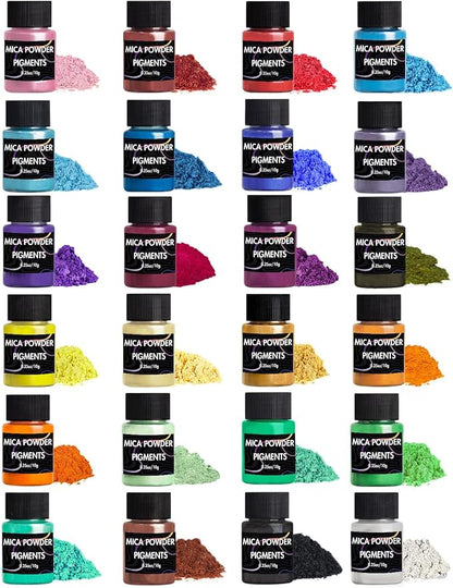 Mica Powder, 24 Colors Pearlescent Pigment Powder for Epoxy Resin, 240g Pearl Pigment Set for Soap Making, Bath Bomb, Candle Making, Art Crafts, Lip Gloss, Nail Polish, Dye