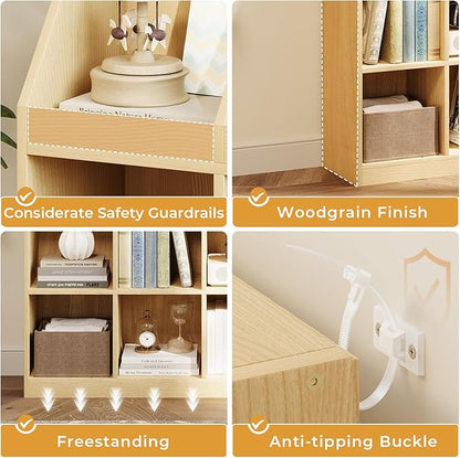 12-Cube Wooden Storage Bookcase - 11-Inch Open Shelf Cabinet, Simple Modern Bookshelf Organizer for Home Office, Living Room, Oak