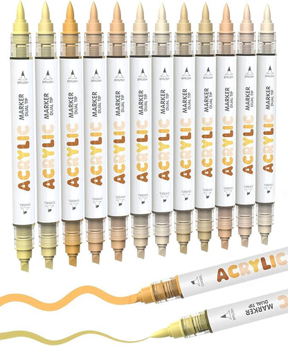 Guangna 12 Skin Tone Dual Tip Acrylic Paint Markers, Brush Tip & Chisel Tip Acrylic Paint Pens for Rock, Wood, Glass, Paper, Coloring Book, Ceramic, Canvas, Water-Based Ink
