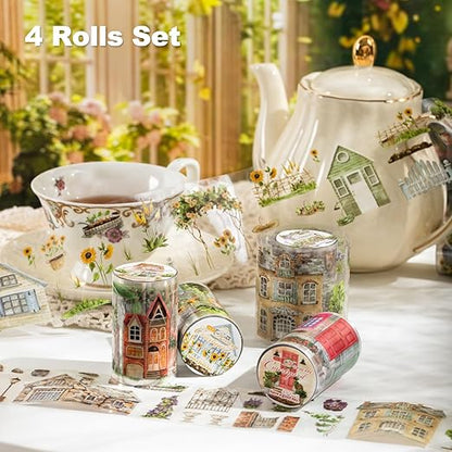Dream Courtyard PET Tape Set, 4 Rolls of Scenic Ephemera for Junk Journaling, Scrapbooking, Crafting, DIY Projects, Diaries, and Art Supplies