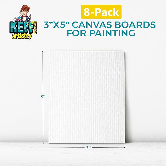 KEFF Canvas Boards for Painting - 3x5 8-Pack Bulk Canvas Pack, 100% Cotton Triple Primed Small Canvases for Painting Supplies, Acrylic, Oil, Watercolor & Tempera