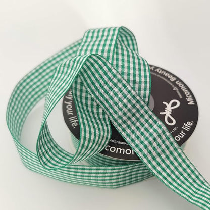 Green and White Woven Edge Plaid Ribbon 100% Polyester Gingham Ribbon 25 Yards Each Roll (1",Green)