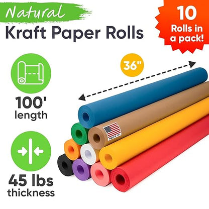 36" x 1200" (100 ft) Pack of 10 Rolls USA-Made Multi-Color Kraft Paper, 45 lbs/66 GSM – Colored Kraft Paper for Packing, Crafts, DIY Projects, Gift Wrapping – Non-Toxic, Safe for Kids