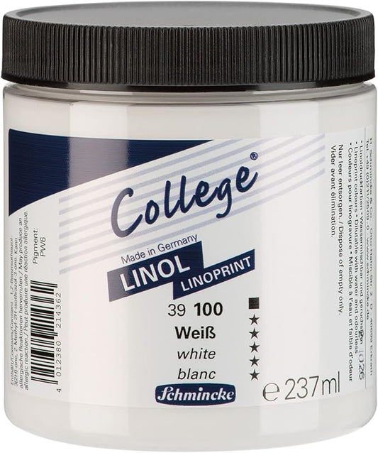 Schmincke - College Linol, artists' lino printing inks, white 237 ml, 39100053, low-odour water-based lino printing ink, lightfast, even print
