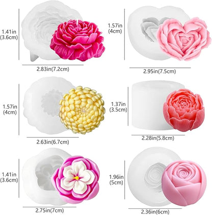 6PCS Flower Silicone Molds Set,3D Rose Flower Silicone Fondant Mold Valentine Day Silicone for Candle Making Molds Cake Mold for Chocolate Candy Pastry Dessert Resin Craft