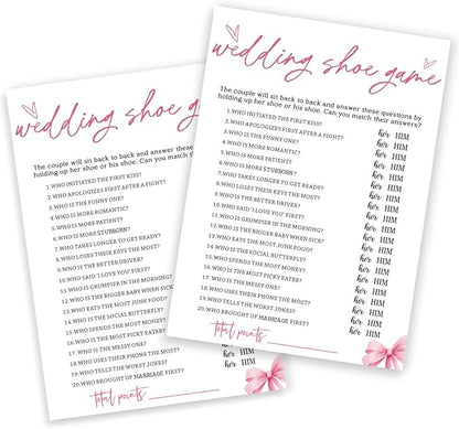 Wedding Shower Games Cards, Wedding Shoe Game, Bridal Shower Games 25 Guests, Engagement Party Wedding Games for Guests, Pink Ribbon Bow Wedding Party Supplies - E04