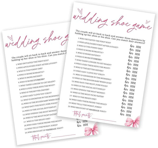 Wedding Shower Games Cards, Wedding Shoe Game, Bridal Shower Games 25 Guests, Engagement Party Wedding Games for Guests, Pink Ribbon Bow Wedding Party Supplies - E04