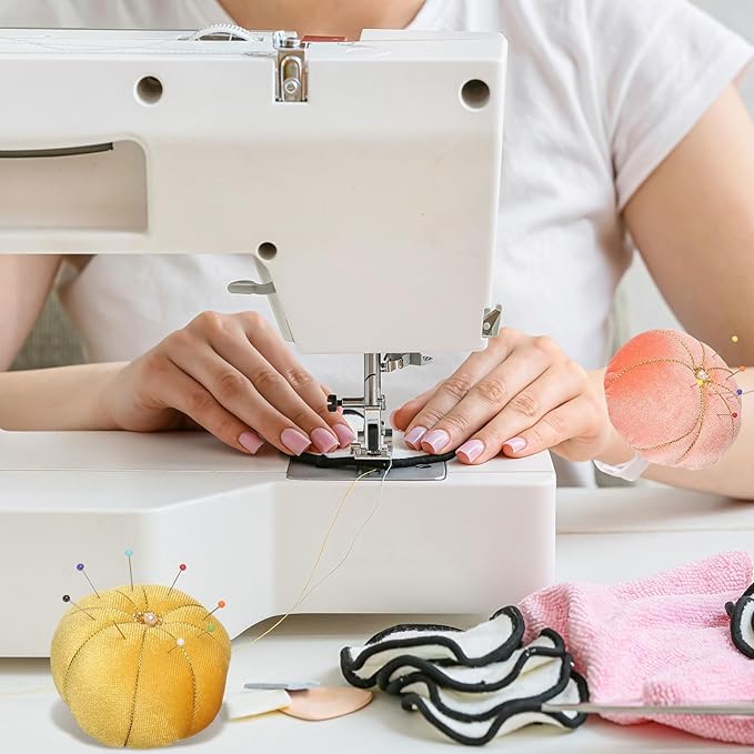 HARFINGTON Wrist Pin Cushion Wristband Sewing Pincushion Polyester Pin Holder Wearable Pumpkin Shaped Needles Wristband with 100 Head Needles for Sewing Quilting DIY Crafts, Blue