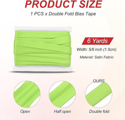 MECCANIXITY Double Fold Bias Tape for Sewing 5/8 Inch x 6 Yards Satin Pre-fold Continuous Binding Tape for Seaming Quilting Hemming Binding DIY Crafts, Green