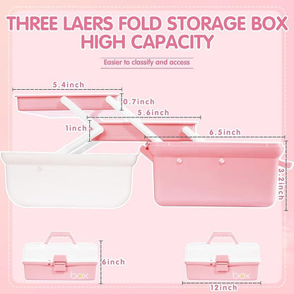 12in Three-Layer Multipurpose Storage Box Organizer Folding Tool Box/Art & Crafts Case/Sewing Supplies Organizer/Medicine Box/Family First Aid Box with 2 Trays (White Pink)