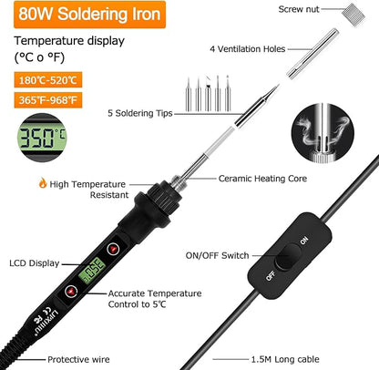 Soldering Iron Kit 80W LCD Adjustable Temperature 180-520℃ Solder Kit Electronics 13 in 1 Welding Tools with ON/OFF Switch, Solder Wire, Flux, 5 Soldering Tips, Desoldering Pump, Stand, Tweezers
