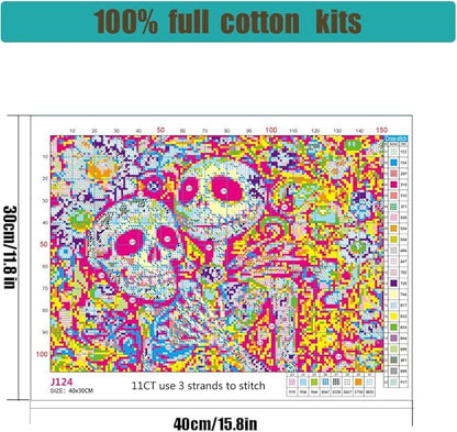 Halloween Stamped Cross Stitch Kits - Skullhead Jack Counted Cross Stitch Kits for Beginners Adults Needlepoint Cross-Stitch Patterns Dimensions Needlecrafts Embroidery Kits Arts and Crafts