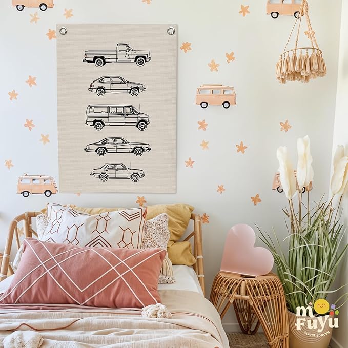 Toddler Boy Room Decor, Vintage Car Linen Canvas Banner, Retro Car Room Decor Wall Hanging Flag Banner for Little Boy Bedroom,Playroom Nursery 18x25 Inch