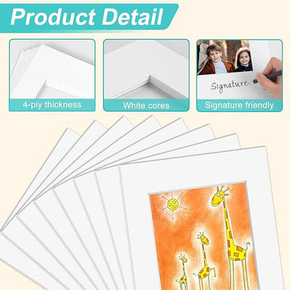 Phinus 8 Pack Picture Mats for Frames, Acid Free 11x14 Matted to 8x10, Picture Frame Mats for Pictures, Watercolor, Artwork and Prints (White)