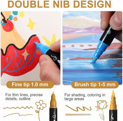 TOSAHRE Acrylic Paint Pens Markers 100 Colors Waterproof Dual Tip Acrylic Markers Set with Brush & Fine Tip Coloring Pens for Rock Painting Wood Scrapbook Fabric Glass Ceramic DIY Craft Art Supplies