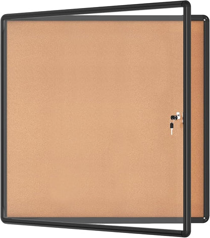 38"x38" Enclosed Bulletin Board, Lockable Weather-Resistant Aluminum Cork Noticeboard for School & Office Hospital, Black Frame w/Cork