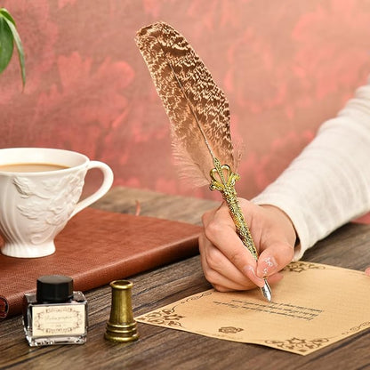 Hethrone Quill Pen Ink Set - Calligraphy Pen Ink Set Includes Feather Pen with Ink, Pen Holder and 5 Replacement Nibs Holiday Ideal Gifts (Brown)