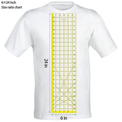 Acrylic Ruler 7 Piece Set, Non Slip Rings 50 Pieces, Quilting Rulers, Size (6"x24"), (2"x24"), (3"x18"), (3"x8"), (1.5"x12"), (1"x12"), (1"x6") (Yellow-7 Piece Set)